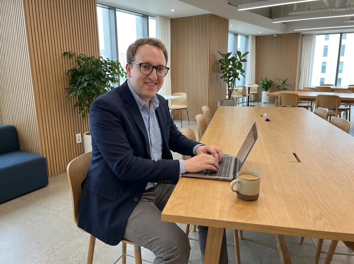 Jason works on a laptop at a long wooden table in a bright modern workspace.