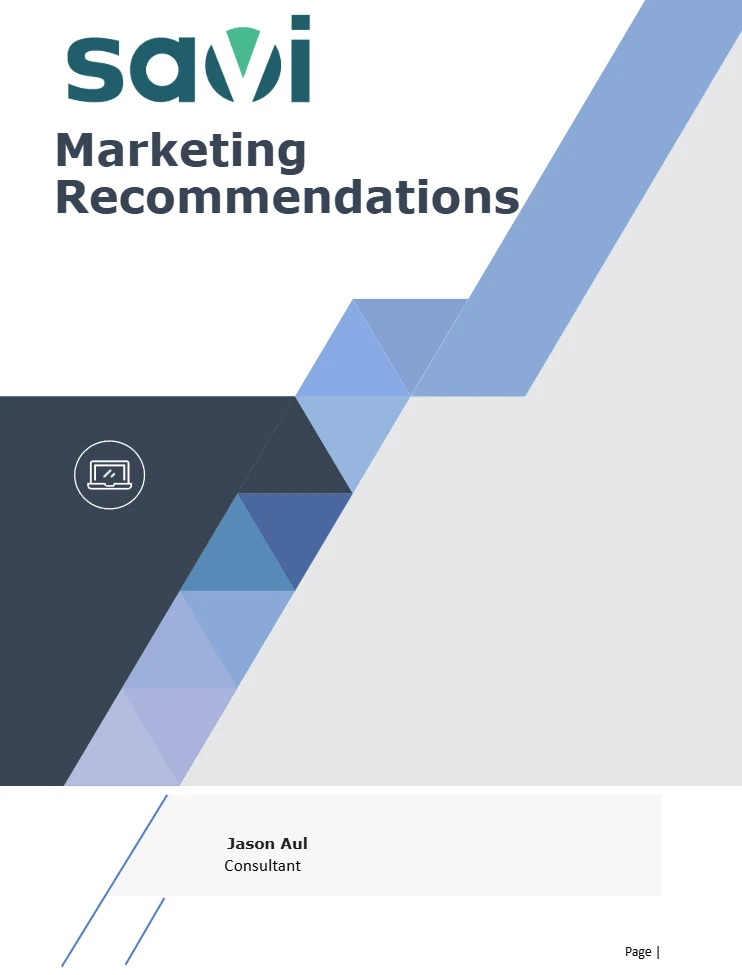 Cover of a Savi marketing recommendations presentation prepared by Jason Aul as a consultant.
