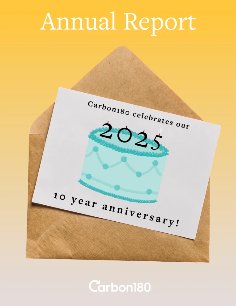 Cover of Carbon180's 2025 Annual Report, showing an illustrated anniversary card emerging from an envelope.