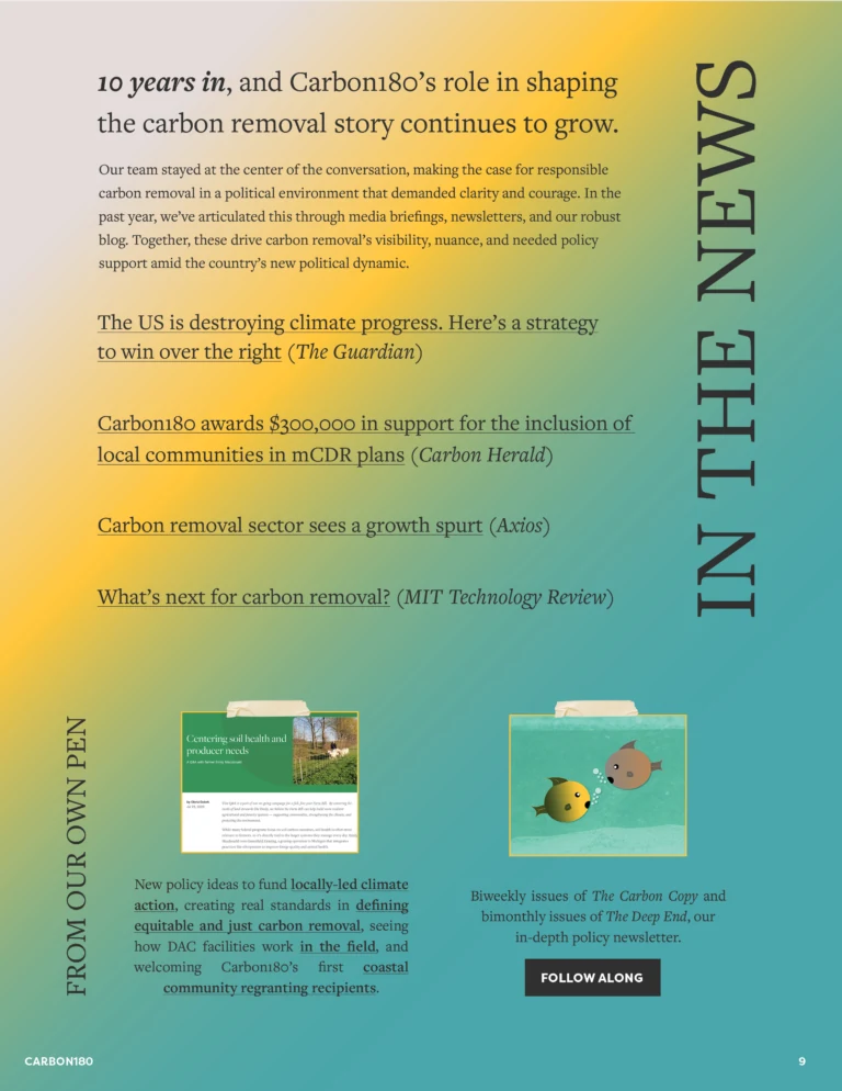 Page titled In the News from Carbon180's 2025 Annual Report, featuring press mentions, policy writing, and newsletters.
