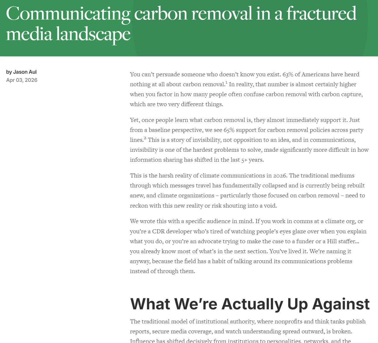 Screenshot of Jason Aul's Carbon180 article, Communicating carbon removal in a fractured media landscape.