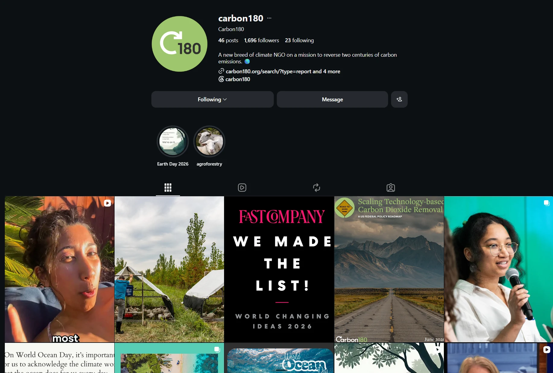 Screenshot of Carbon180's Instagram profile and recent campaign posts, including policy roadmaps and World Changing Ideas recognition.