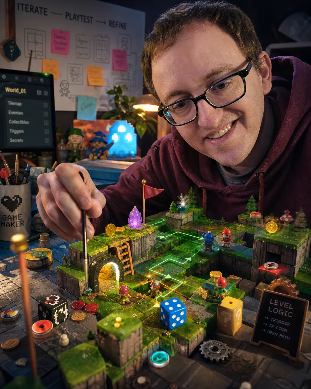 Illustrative concept scene of a game designer building a colorful tabletop game world in a development studio.