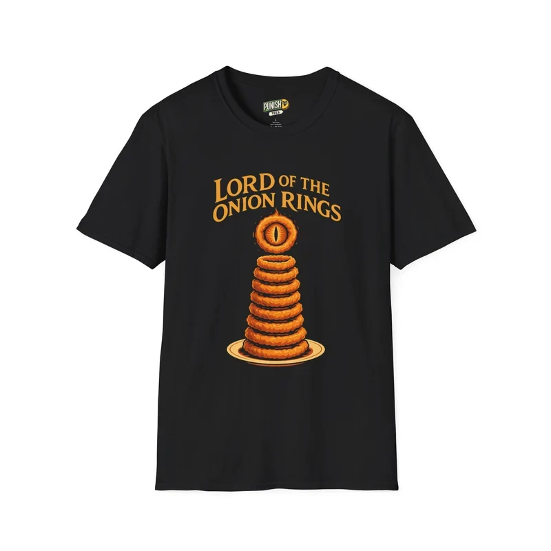 Black Punish'd T-shirt featuring the words Lord of the Onion Rings above a tower of onion rings topped with a fiery eye.