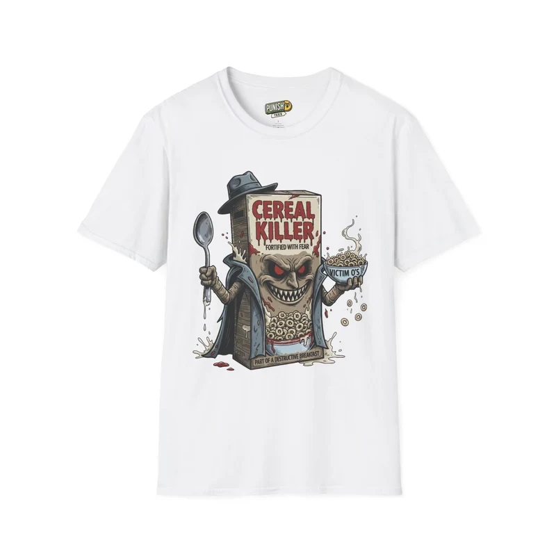 White Punish'd T-shirt featuring a sinister illustrated cereal box character holding a spoon and a bowl of cereal.